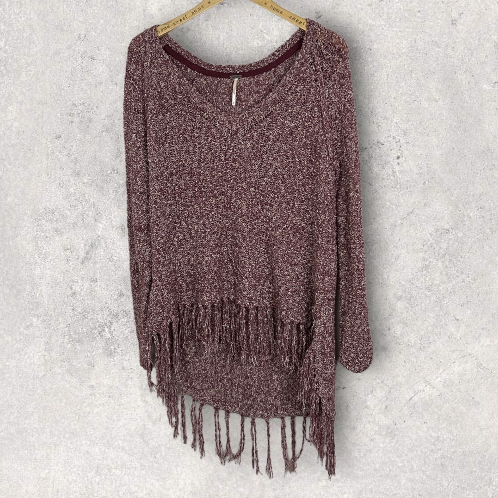 Free People Marled Knit Fringe V-Neck Sweater Purple Size Medium Oversized‎ Boho